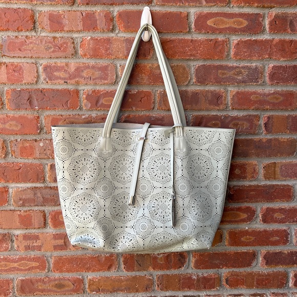 Vince Camuto Leila Laser Cut Leather Shoulder Tote in Blue Hint with Silver - Picture 6 of 7